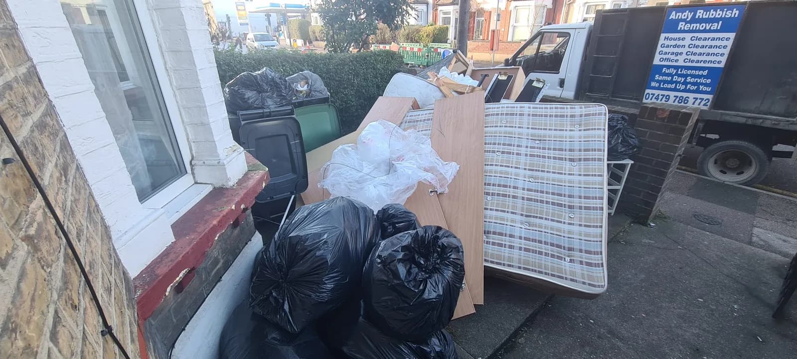 Same-day rubbish kerbside pile in Gravesend ready for Andy to collect